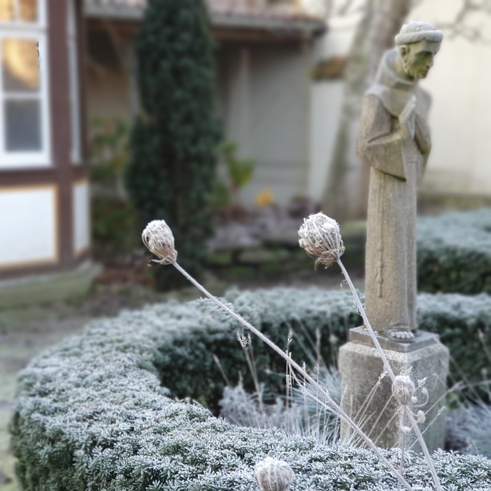 Reifbedeckter Brunnen des Klosters Wiedenbrück. © Kloster Wiedenbrück eG.